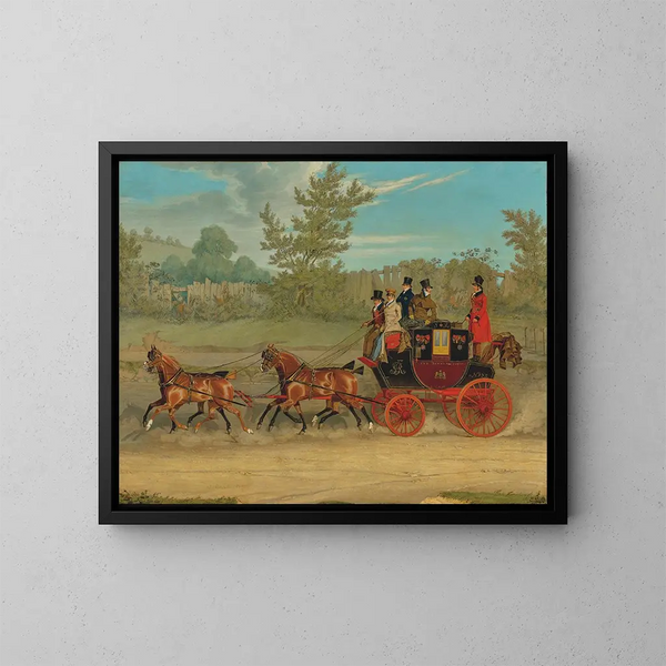 Le carrosse postal royal Londen-Edinburgh op volle snelheid op een zomerse dag - James Pollard — ingelijst kunstwerk aan de muur