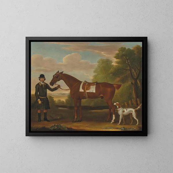 Lord Portmore en een kastanjebruine jachthond met een zadel, vastgehouden door een groom, met een spaniel in een landschap - James Seymour — ingelijst kunstwerk aan de muur