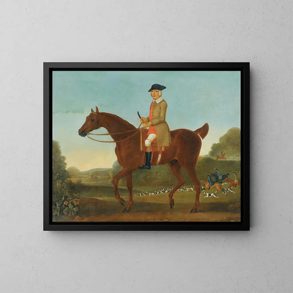 van een traditioneel portret van een heer die algemeen wordt geïdentificeerd als Fulwar, 4e graaf van Craven, op zijn jachthond - James Seymour — ingelijst kunstwerk aan de muur