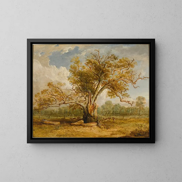 Een eik in Richmond Park met een kudde damherten aan zijn zijde - James Ward — ingelijst kunstwerk aan de muur