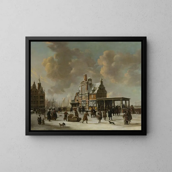 Le Paalhuis en de Nieuwe Brug van Amsterdam in de winter - Jan Abrahamsz Beerstraaten — ingelijst kunstwerk aan de muur