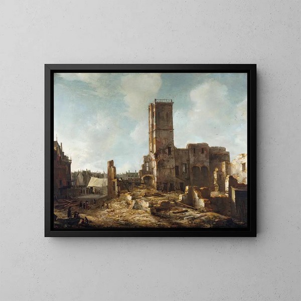 De ruïnes van het oude stadhuis van Amsterdam na de brand op 7 juli 1652 - Jan Abrahamsz Beerstraaten — ingelijst kunstwerk aan de muur