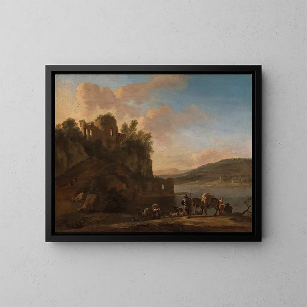 van een Italiaanse rivierlandschap met herders op een pad met hun kudde en ezels - Jan Asselijn — ingelijst kunstwerk aan de muur