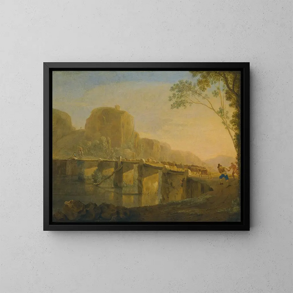 Landschap met herders en hun kudde die de Ponte Acquoria bij Tivoli oversteken - Jan Asselijn — ingelijst kunstwerk aan de muur