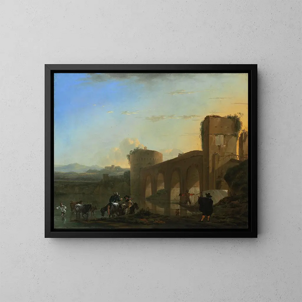 De rivier de Tiber met de Milvius-brug bij zonsondergang - Jan Asselijn — ingelijst kunstwerk aan de muur
