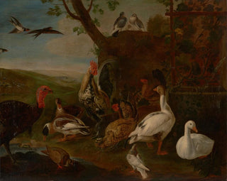 Jan Baptist Boel - A turkey a rooster chickens geese ducks pigeons and doves by a well in a landscape.webp