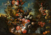 Een stenen urne op trappen versierd met bloemen en fruit naast een fontein in de vorm van een dolfijn in een uitgestrekt landschap - Jan Baptist Bosschaert — weergave van het kunstwerk