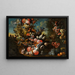 Een stenen urne op trappen versierd met bloemen en fruit naast een fontein in de vorm van een dolfijn in een uitgestrekt landschap - Jan Baptist Bosschaert — ingelijst kunstwerk aan de muur