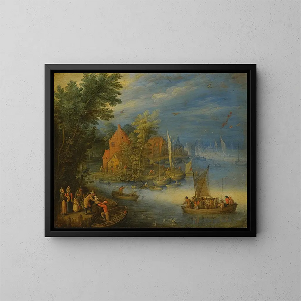 Een stad aan de oevers van een brede rivier met een zwaar beladen veerboot die nadert de oever op de voorgrond - Jan Brueghel de Jonge — ingelijst kunstwerk aan de muur
