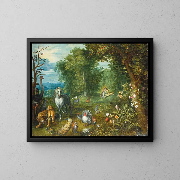 Het Paradijs met de Schepping van Eva - Jan Brueghel de Jonge — ingelijst kunstwerk aan de muur