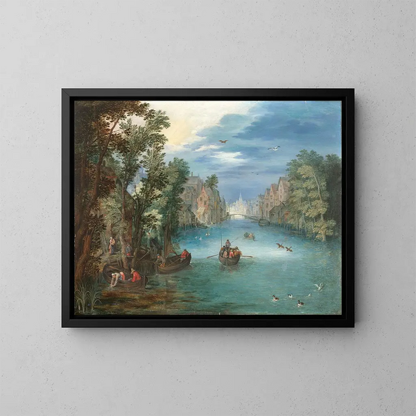 Landschap met stromend water en levendige figuren - Jan Brueghel de Jonge — ingelijst kunstwerk aan de muur
