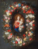 Maria met kind omringd door een bloemenkrans - Jan Brueghel de Jonge — weergave van het kunstwerk