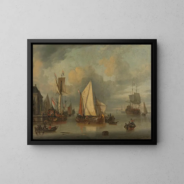 van rustige schepen in de haven bij kalm weer - Jan Claesz Rietschoof — ingelijst kunstwerk aan de muur