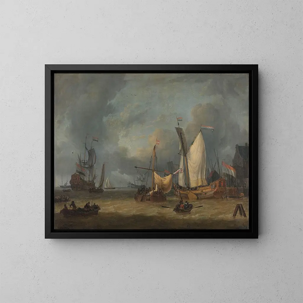 Een storm: schepen in de haven onder een sterke wind - Jan Claesz Rietschoof — ingelijst kunstwerk aan de muur