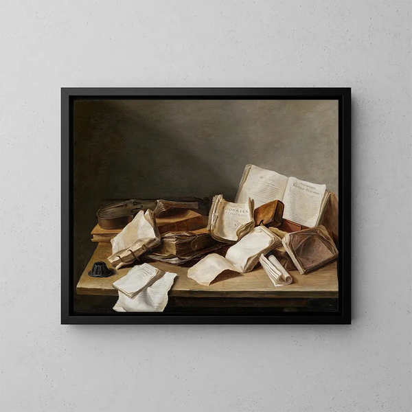 Natuurstudie met boeken en een viool - Jan Davidsz de Heem — ingelijst kunstwerk aan de muur