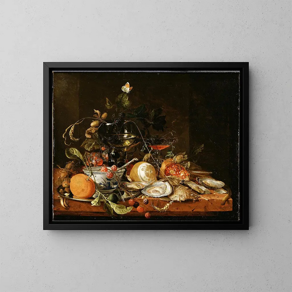 Natuurstudie met wijn, fruit en oesters - Jan Davidsz de Heem — ingelijst kunstwerk aan de muur