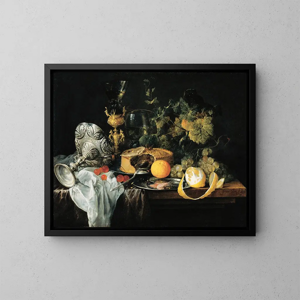 Natuurschilderij weelderig met fruitenvlaai en kommen - Jan Davidsz de Heem — ingelijst kunstwerk aan de muur