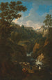 Un caprice de Tivoli avec une cascade et des bergers - Jan Frans van Bloemen — weergave van het kunstwerk