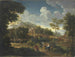 Een uitgestrekt landschap met de rust tijdens de vlucht naar Egypte - Jan Frans van Bloemen — weergave van het kunstwerk