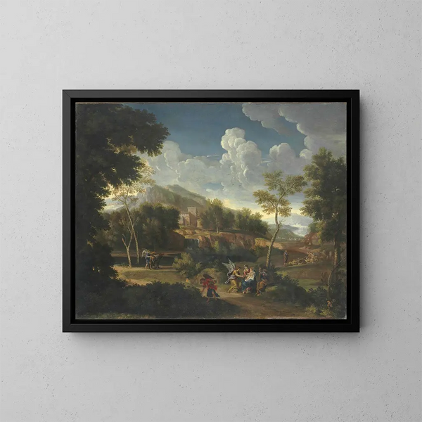 Een uitgestrekt landschap met de rust tijdens de vlucht naar Egypte - Jan Frans van Bloemen — ingelijst kunstwerk aan de muur