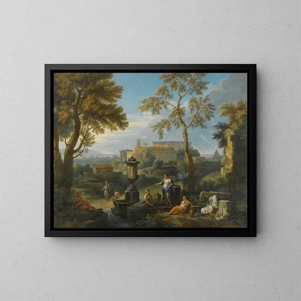 Figuren in klassieke zithouding bij ruïnes in een Italiaans landschap - Jan Frans van Bloemen — ingelijst kunstwerk aan de muur