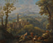 Landschap in cursief met drie figuren op de voorgrond, dorpjes op de heuvels en een kerk in de verte - Jan Frans van Bloemen — weergave van het kunstwerk