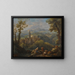 Landschap in cursief met drie figuren op de voorgrond, dorpjes op de heuvels en een kerk in de verte - Jan Frans van Bloemen — ingelijst kunstwerk aan de muur