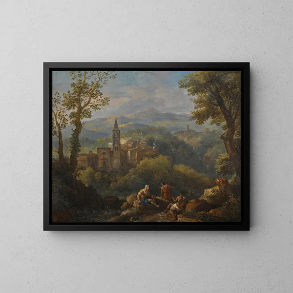 Landschap in cursief met drie figuren op de voorgrond, dorpjes op de heuvels en een kerk in de verte - Jan Frans van Bloemen — ingelijst kunstwerk aan de muur