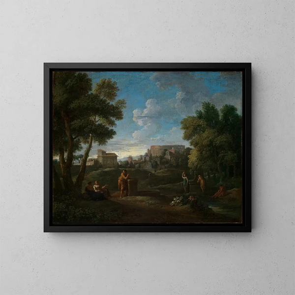 Klassiek landschapsschilderij nabij Rome met uitzicht op de Palatijn over het Colosseum - Jan Frans van Bloemen — ingelijst kunstwerk aan de muur