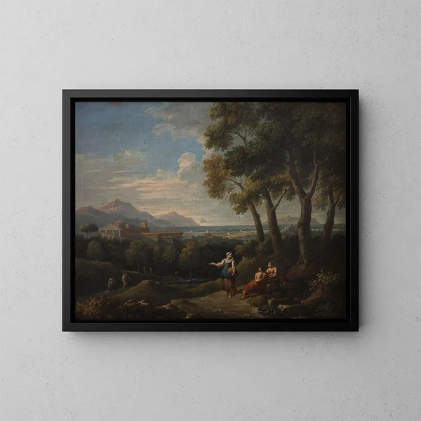 Landschap met een genre scène - Jan Frans van Bloemen — ingelijst kunstwerk aan de muur