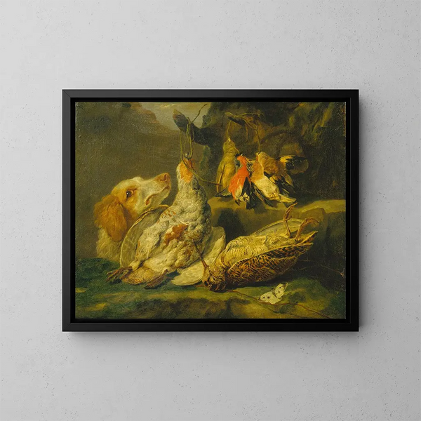 Natuurstudie met jachthond en dode gevogelte - Jan Fyt — ingelijst kunstwerk aan de muur