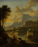 Mountain landscape painting with rider at sunset - Jan Hackaert — artwork view