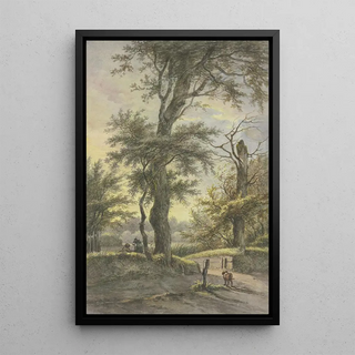 Jan Hulswit - Eiche darunter zwei Mnner auf dem Weg ein Hund bei einem Pfahl im Licht der Abendsonne.webp