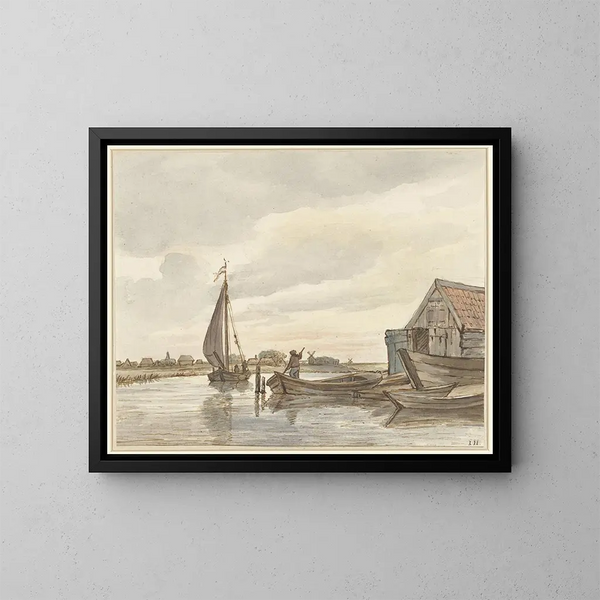 Enkele boten op een kanaal - Jan Hulswit — ingelijst kunstwerk aan de muur