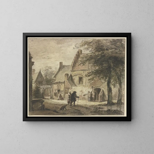 Offerande met meerdere figuren en een hond op de voorgrond - Jan Hulswit — ingelijst kunstwerk aan de muur