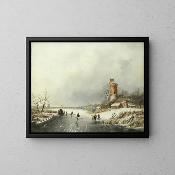 Een winterlandschap met figuren op het ijs - Jan Jacob Coenraad Spohler — ingelijst kunstwerk aan de muur