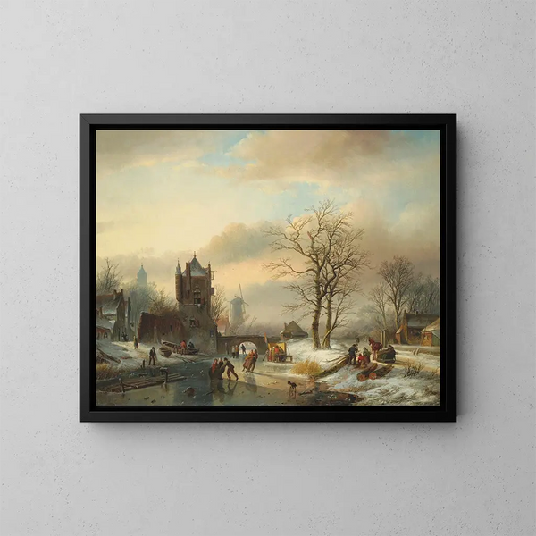 Patineurs sur une rivière gelée - Jan Jacob Spohler — ingelijst kunstwerk aan de muur