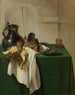 Pichet en tin en kom in zilver op een tafel - Jan Jansz den Uyl — weergave van het kunstwerk