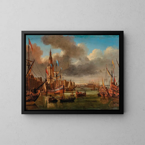 Uitzicht op de IJ in Amsterdam met de Haringpakkerstoren en de Nieuwe Stadsherberg op de achtergrond - Jan Karel Donatus van Beecq — ingelijst kunstwerk aan de muur