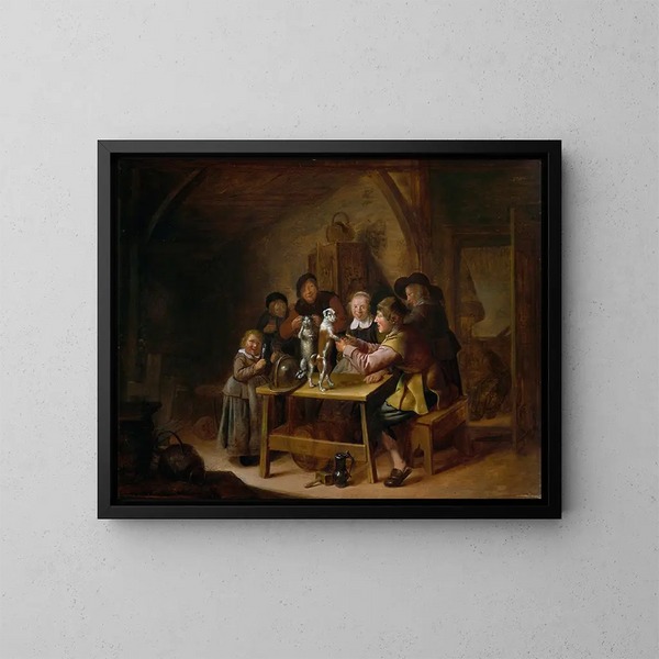 Landbouwers die leren aan een kat en een hond te dansen - Jan Miense Molenaer — ingelijst kunstwerk aan de muur