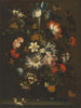 Een iris, anjers, rozen en andere bloemen in een vaas op een rand met vlinders - Jan Pieter Brueghel — weergave van het kunstwerk
