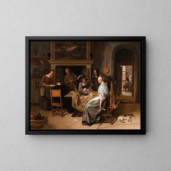 Een elegante gezelschap in een interieur met figuren die kaarten spelen aan een tafel - Jan Steen — ingelijst kunstwerk aan de muur