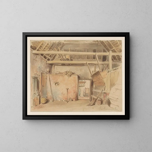 Binnenkant van een schuur met uitzicht op de keuken - Jan Striening — ingelijst kunstwerk aan de muur