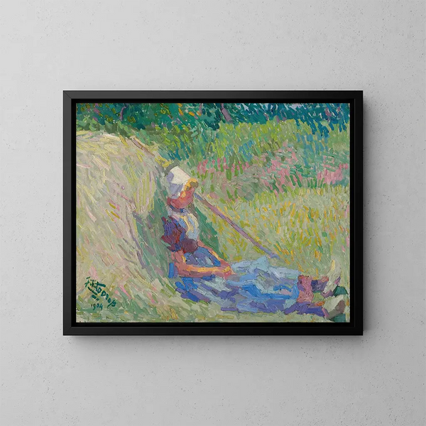 Meisje leunend tegen een hooiberg - Jan Toorop — ingelijst kunstwerk aan de muur