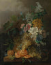 Een stilleven met bloemen, perziken, druiven en een gepelde sinaasappel, alles rustend op een tafel - Jan van der Waarden — weergave van het kunstwerk