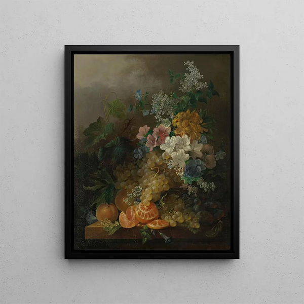 Jan Van Der Waarden - A still life with flowers peaches grapes and a peeled orange all resting on a table.webp