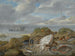 Natuurschilderij met een inktvis, een plie, kabeljauw, mosselen en andere vissen op een duin, een kerk aan de andere kant van een estuarium - Jan van Kessel de Oude — weergave van het kunstwerk