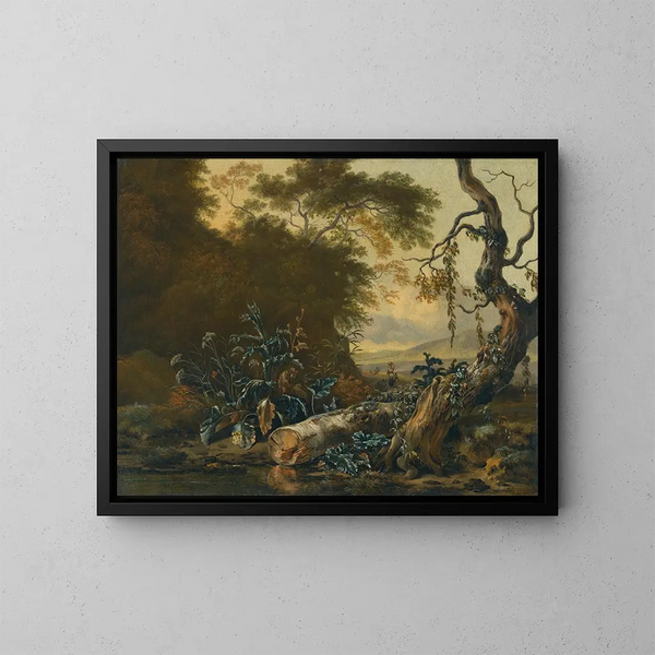 Een landschap met bomen en blad aan de rand van een vijver - Jan Wijnants — ingelijst kunstwerk aan de muur