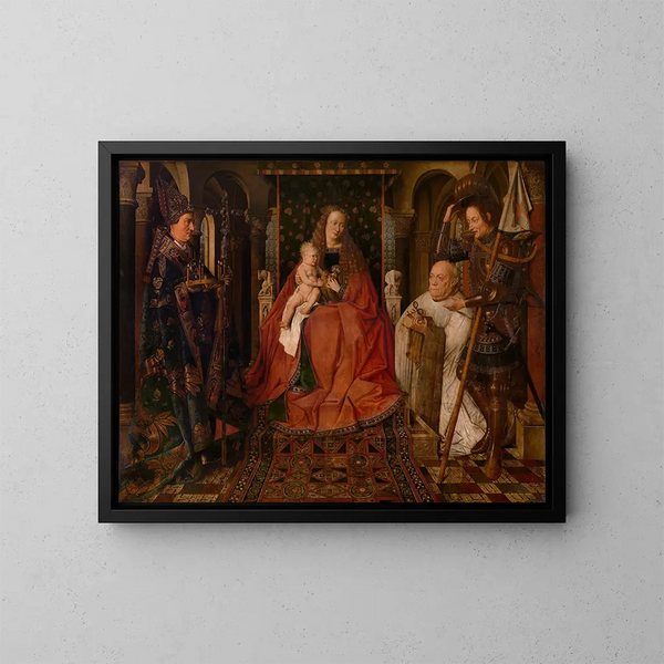 Madone omringd door Sint-Joris, Sint-Donatien van Reims en de schenker, de kanunnik Van der Paele - Jan van Eyck — ingelijst kunstwerk aan de muur