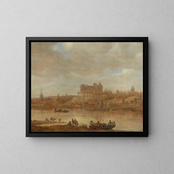 van een rivierlandschap met een veerboot en een kasteel achter een stad - Jan van Goyen — ingelijst kunstwerk aan de muur